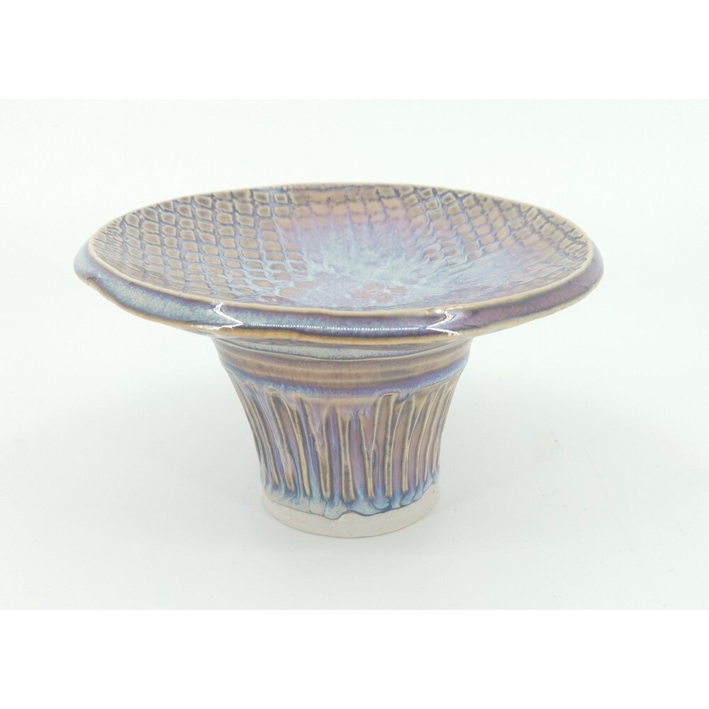 Vtg Ceramic Pottery Pedestal Bowl Flared Compote Iridescent Purple Blue Glaze